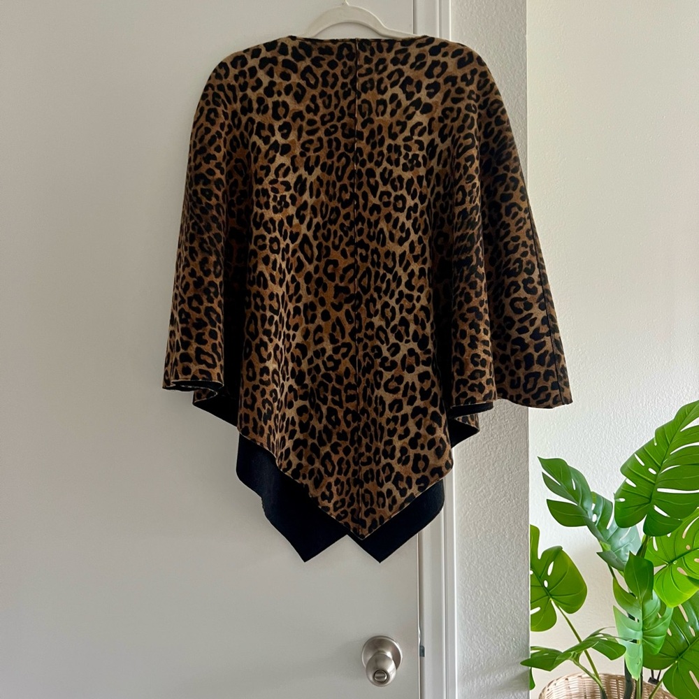 Leopard Poncho One Size Womens Animal Print Reversible Black Brown Wool Blend - Picture 2 of 4